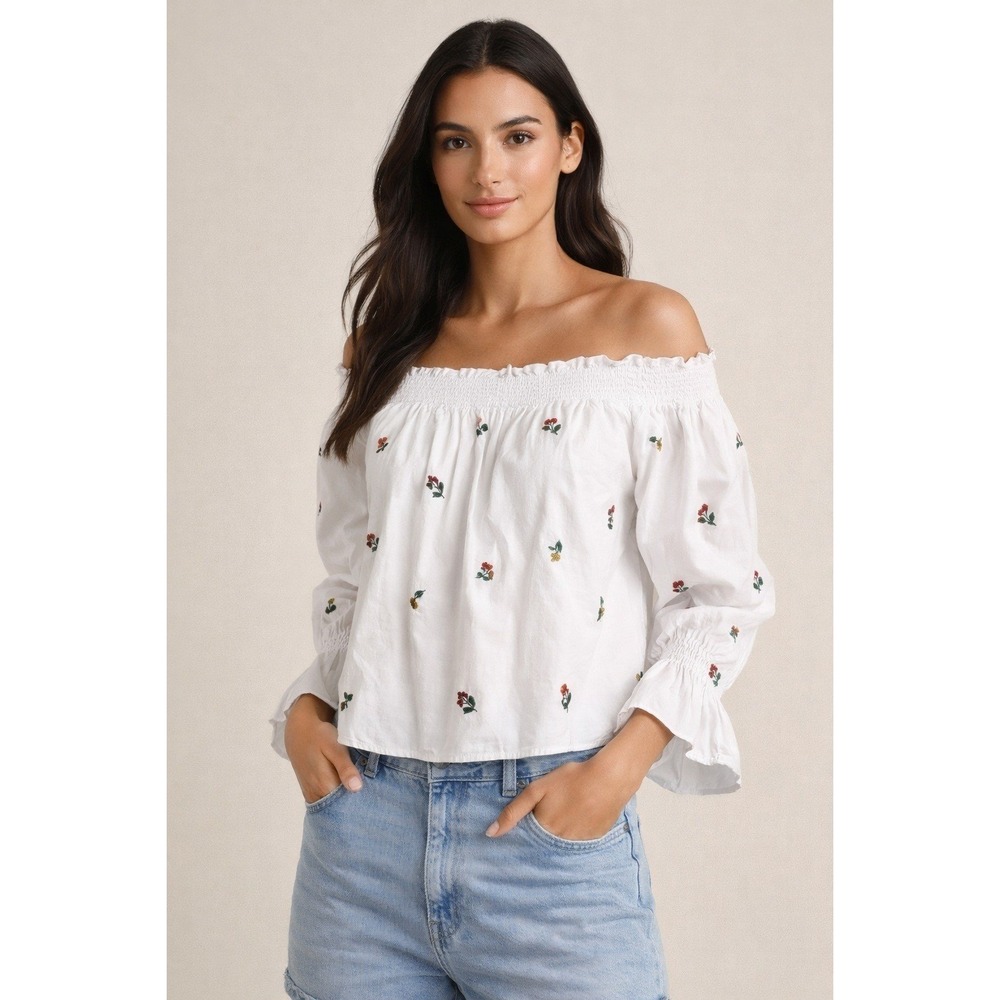 White Embroidered Off Shoulder Peasant Blouse Zara Boho Crop‎ Top S